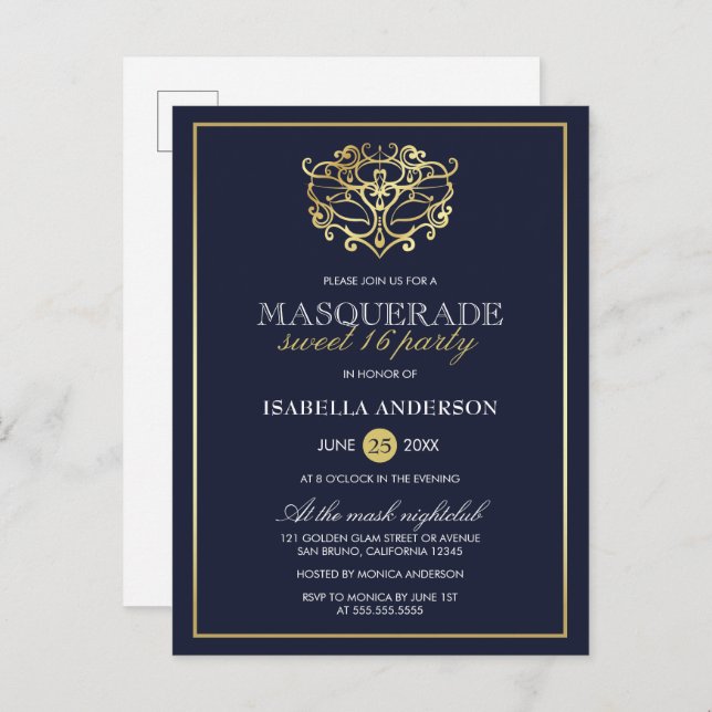 Invitation Carte Postale Elégant Marine Bleu & Or Masquerade Sweet 16 Party (Devant / Derrière)
