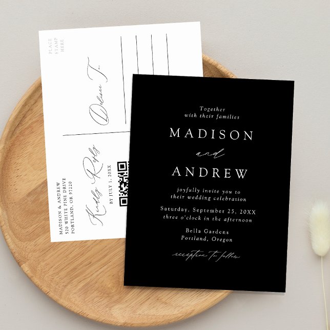 Invitation Carte Postale Élégant Moderne Code QR Mariage Noir et Blanc (Créateur téléchargé)