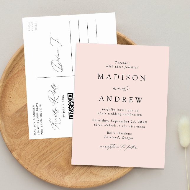Invitation Carte Postale Élégant Moderne Code QR Mariage Rose Pâle (Créateur téléchargé)