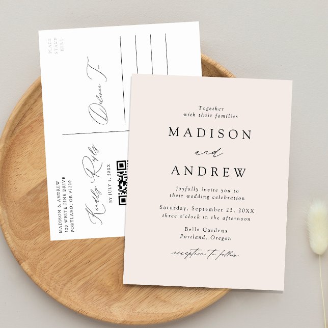 Invitation Carte Postale Élégant Moderne Mariage Code QR Crème (Créateur téléchargé)