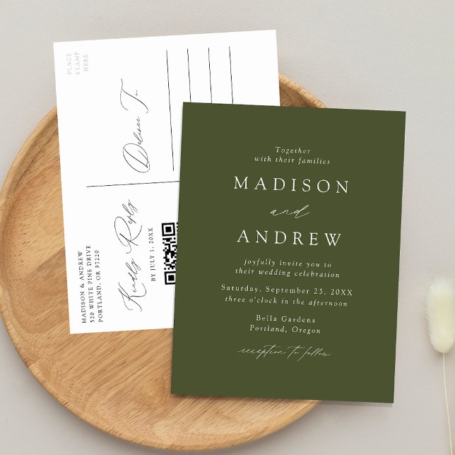 Invitation Carte Postale Élégant Moderne Mariage Code QR Vert Olive (Créateur téléchargé)