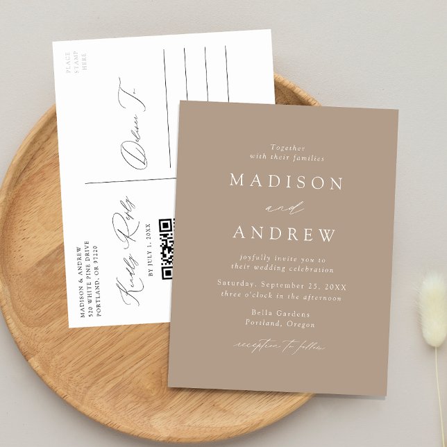 Invitation Carte Postale Élégant Moderne Taupe Code QR Mariage (Créateur téléchargé)