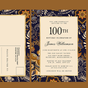 Invitation Carte Postale Elégant Motif bleu et or 100e anniversaire