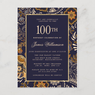 Invitation Carte Postale Elégant Motif bleu et or 100e anniversaire