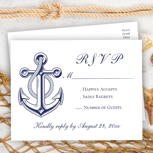 Invitation Carte Postale Elégant Nautique Marine Bleu Ancre Mariage RSVP (Créateur téléchargé)