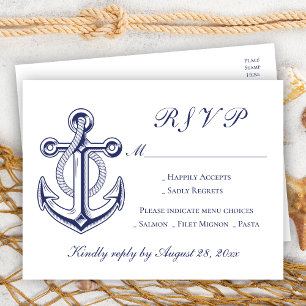 Invitation Carte Postale Elégant Nautique Marine Bleu Ancre Mariage RSVP
