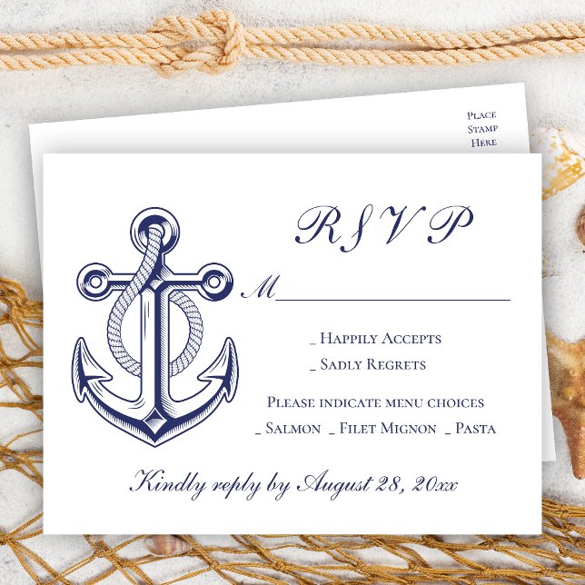 Invitation Carte Postale Elégant Nautique Marine Bleu Ancre Mariage RSVP (Créateur téléchargé)