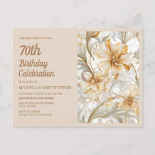 Invitation Carte Postale Elégant or Beige Floral 70e anniversaire