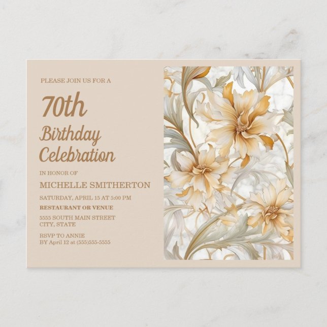 Invitation Carte Postale Elégant or Beige Floral 70e anniversaire (Devant)