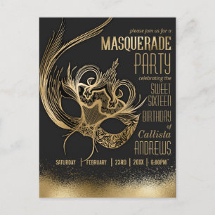 Invitation Carte Postale Elégant or noir Mascarade Masque Sweet sixteen