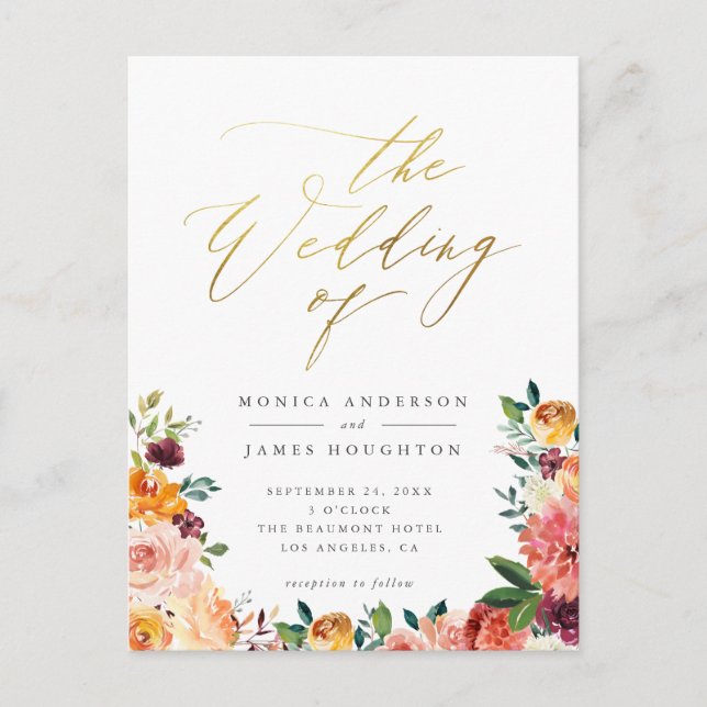 Invitation Carte Postale Elégant or Script Aquarelle Mariage Floral (Devant)