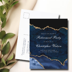 Invitation Carte Postale Élégant Parti de retraite Marine Blue Gold Agate