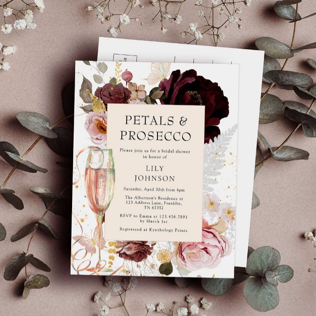 Invitation Carte Postale Élégant Pétales Roses & Fête des mariées Prosecco (Créateur téléchargé)