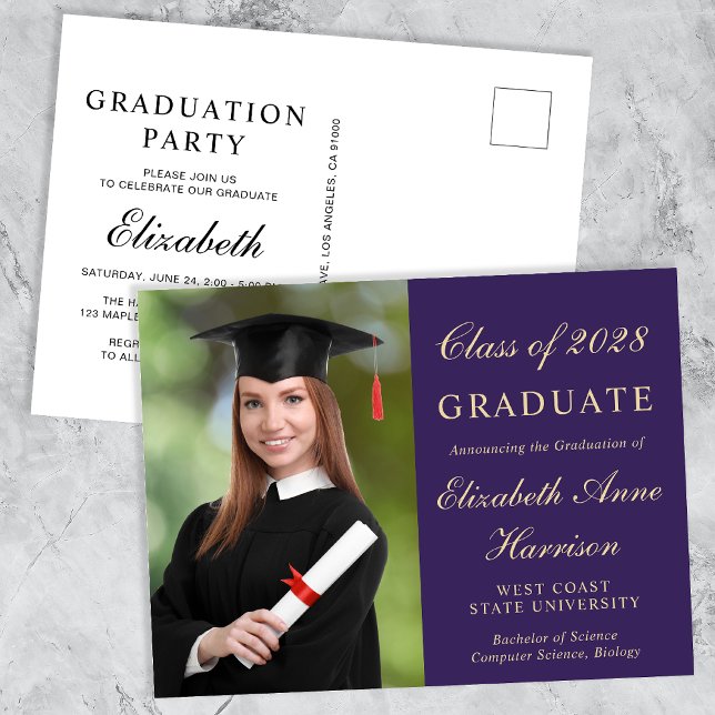 Invitation Carte Postale Élégant Photo College Purple Graduation Party (Créateur téléchargé)
