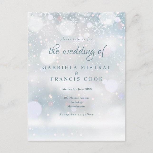 Invitation Carte Postale Elégant premier Snowflakes Mariage d'hiver (Devant)