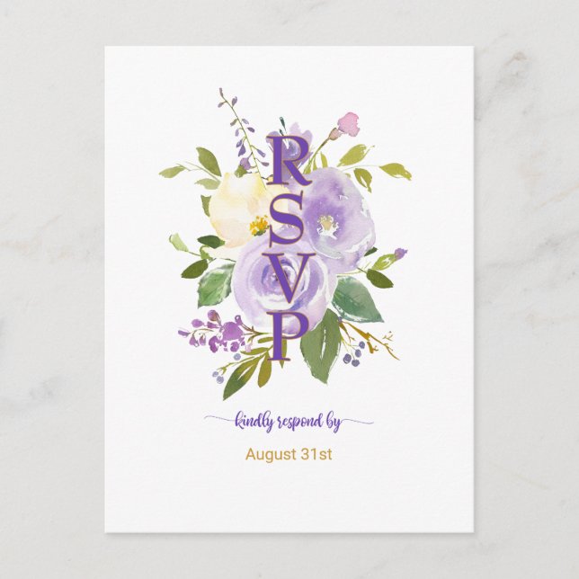 Invitation Carte Postale Elégant Purple or Aquarelle Florale Mariage RSVP (Devant)