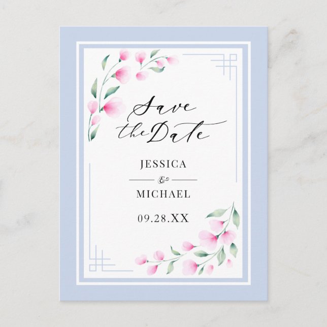 Invitation Carte Postale Elégant Rose Bleu Aquarelle Floral Enregistrer La  (Devant)