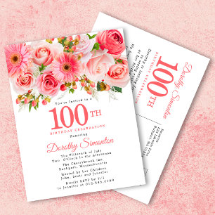 Invitation Carte Postale Elégant rose floral 100e anniversaire