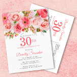 Invitation Carte Postale Elégant rose floral 30e anniversaire<br><div class="desc">Roses, pivoines et chaises créent un joli design floral rose estival. Les bourgeons et le feuillage ajoutent une ambiance rustique. Le 30ème est écrit dans un grand texte en gras. Il peut être modifié pour n'importe quelle année. Le nom du célébrant de l'anniversaire est écrit dans une police de caractères...</div>