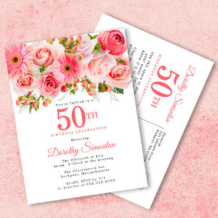 Invitation Carte Postale Élégant rose floral 50e anniversaire