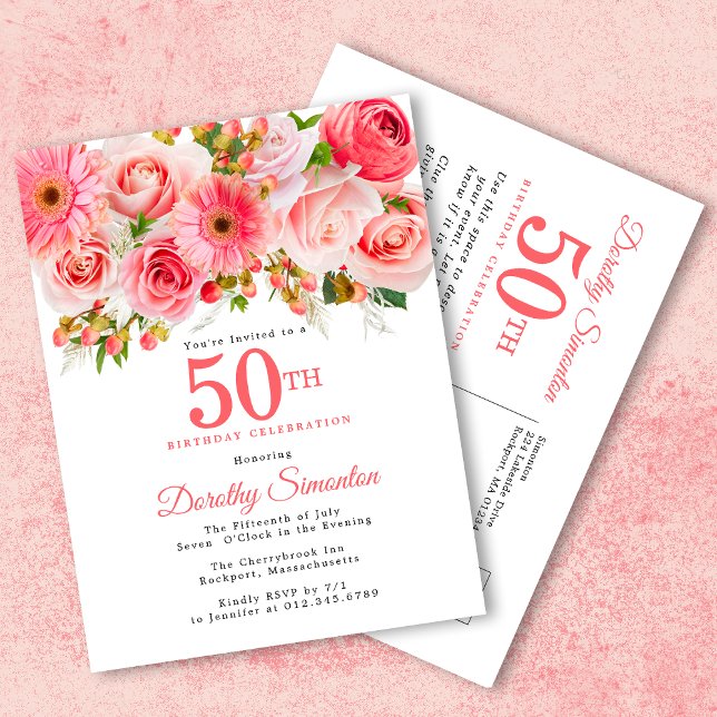 Invitation Carte Postale Élégant rose floral 50e anniversaire (Créateur téléchargé)