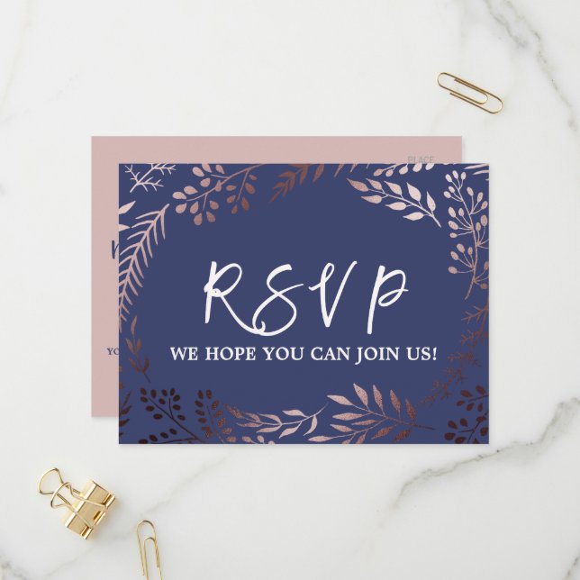 Invitation Carte Postale Elégant Rose Gold and Navy Song Request RSVP (Devant/Arrière en situation)