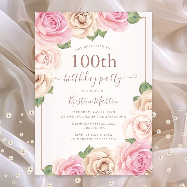 Invitation Carte Postale Elégant Rose or aquarelle Floral 100e anniversaire (Pink floral 100th birthday party invitation postcard)