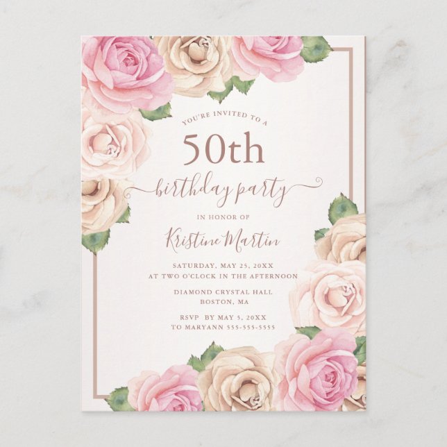 Invitation Carte Postale Elégant Rose or aquarelle Floral 50e anniversaire (Devant)