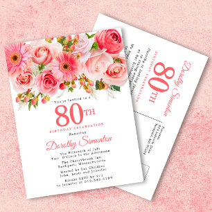 Invitation Carte Postale Elégant rose rose florale 80e anniversaire