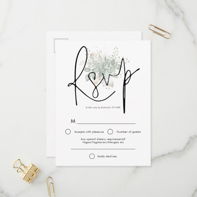 Invitation Carte Postale Élégant Sage Foliage noir Script mariage RSVP (Devant/Arrière en situation)