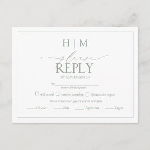 Invitation Carte Postale Élégant Sage Green Calligraphie Monogramme RSVP