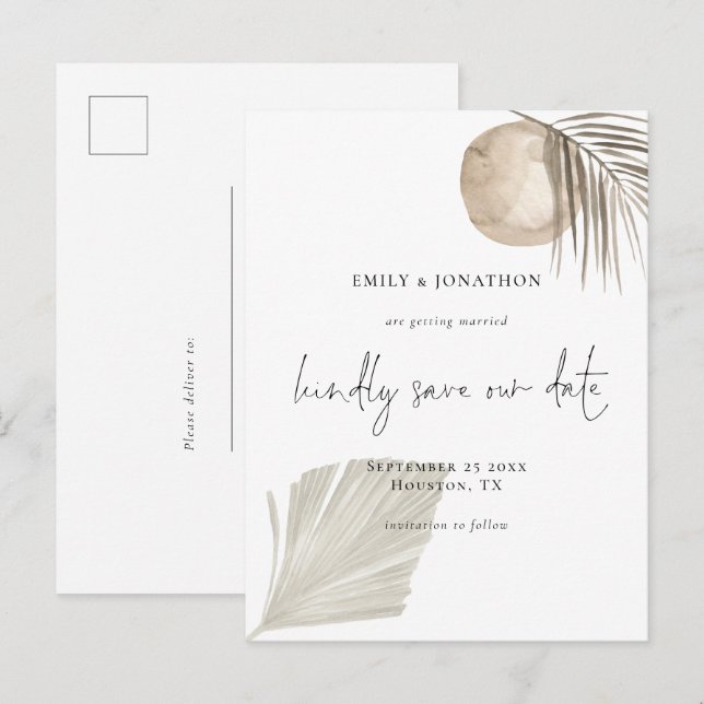 Invitation Carte Postale Élégant Script Boho Pampas Grass Enregistrer La Da (Devant / Derrière)