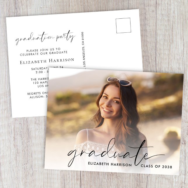 Invitation Carte Postale Élégant Script Photo Graduation Party (Elegant Script Photo Graduation Party Invitation Postcard)