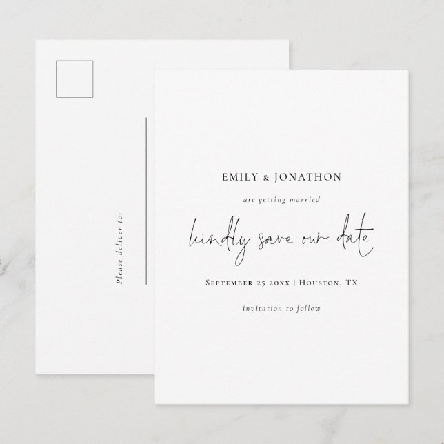 Invitation Carte Postale Élégant Script Simple Noir Blanc Enregistrer La Da (Devant / Derrière)