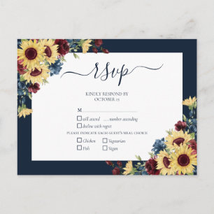 Invitation Carte Postale Elégant Sunflower Bourgogne Marine Blue Wedding RS