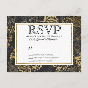 Invitation Carte Postale Elégant Swanky Faux Gold, Black & Grey Floral