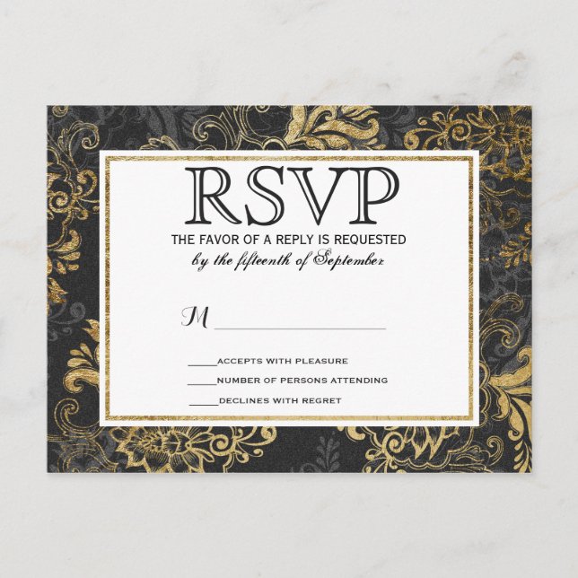 Invitation Carte Postale Elégant Swanky Faux Gold, Black & Grey Floral (Devant)