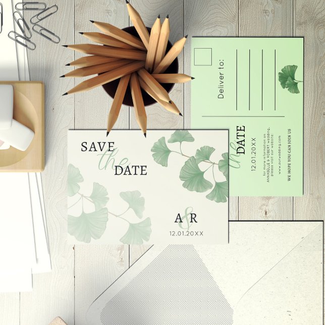 Invitation Carte Postale Élégant Vert Poussiéreux Ginkgo Floral Enregistrer (Créateur téléchargé)
