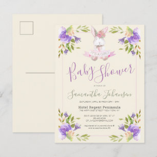 Invitation Carte Postale Élégant violet Floral & Bunny Baby shower fille