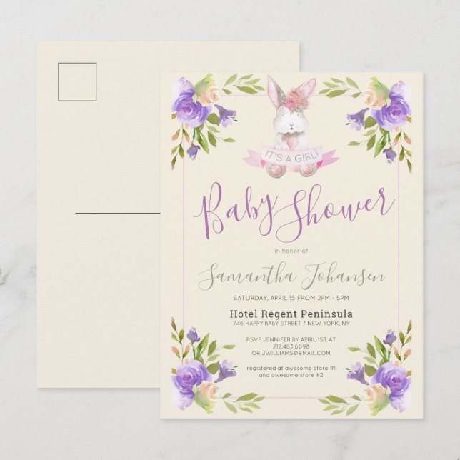 Invitation Carte Postale Élégant violet Floral & Bunny Baby shower fille (Devant / Derrière)