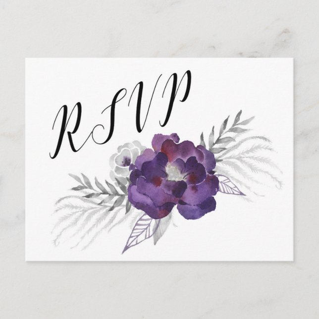 Invitation Carte Postale Élégant violet gris argenté Floral RSVP réponse (Devant)