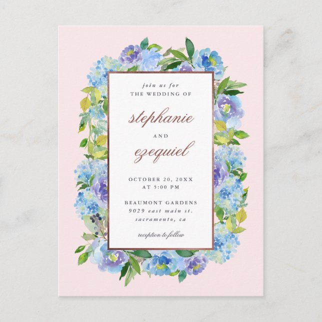 Invitation Carte Postale Elégante aquarelle bleu Hydrangeas Mariage floral (Devant)