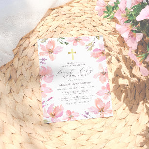 Invitation Carte Postale Elégante Aquarelle Fleurs Première Sainte Communio