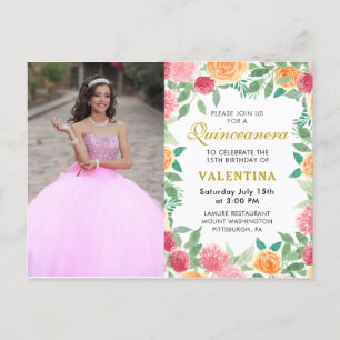 Invitation Carte Postale Elégante aquarelle Floral Quinceanera Photo
