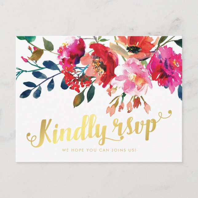 Invitation Carte Postale Elégante aquarelle florale Blanc mariage or RSVP (Devant)