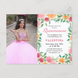 Invitation Carte Postale Elégante aquarelle Florale Photo Quinceanera Invit