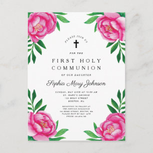 Invitation Carte Postale Elégante Aquarelle rose Floral Première Communion