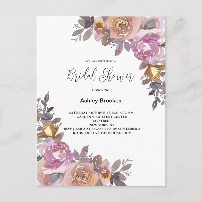 Invitation Carte Postale Elégante Aquarelle rose or Fête des mariées floral (Devant)