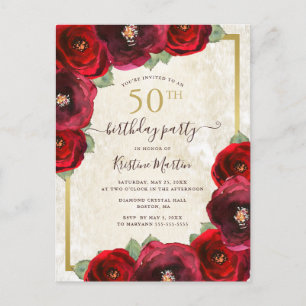 Invitation Carte Postale Elégante Aquarelle Rouge Floral Gold 50e Anniversa