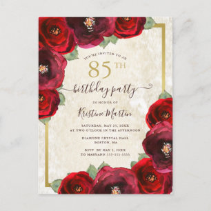 Invitation Carte Postale Elégante Aquarelle rouge or floral 85e anniversair